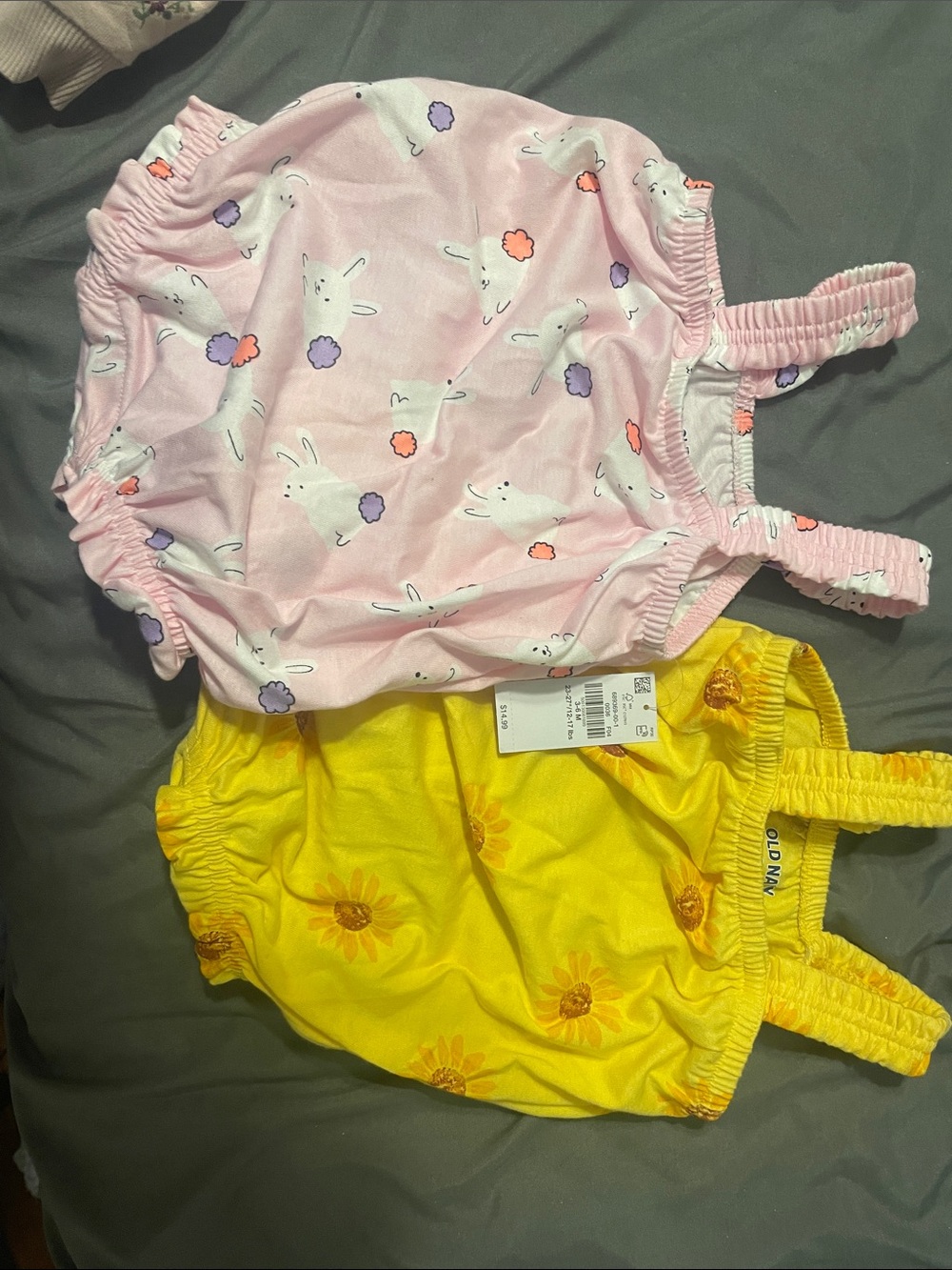 Old Navy Pink Bunny Print Romper & Yellow Sunflower Romper Set 2 for 1